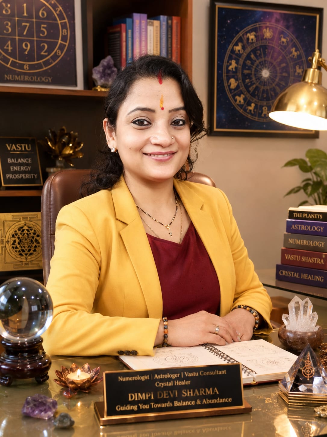 Dimpi Devi Sharma, numerologist, Vedic astrologer, Vastu consultant and crystal healer, at her consultation desk